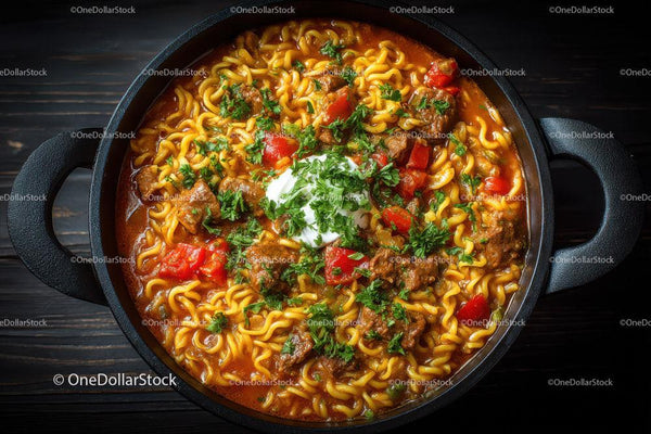 Spicy Beef Ramen Noodle Soup in Rustic Black Pot