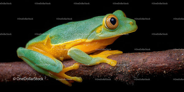 Close-up of Vibrant Green Tree Frog on Brown Branch