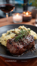 Juicy Steak with Mashed Potatoes and Herb Garnish in Elegant Restaurant