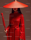 Elegant Woman in Red Dress with Accessories Against Red Background