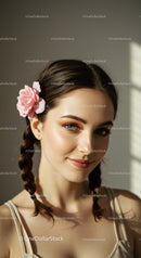 Young Woman with Braided Hair and Pink Flower in a Bright Indoor Setting