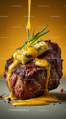 Juicy Grilled Steak with Herb Garnish and Butter Sauce