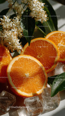 Juicy Fresh Orange Slices with Green Leaves and Ice Cubes