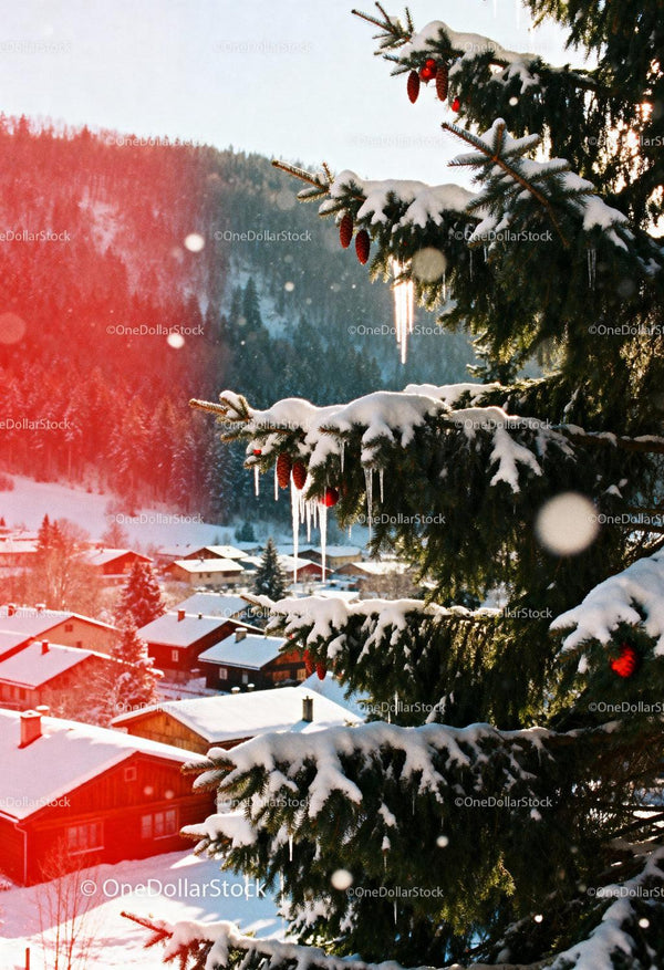 Snow Covered Pine Branches with Icicles Over Winter Village