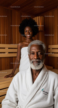 Relaxing Wellness Session in Cozy Sauna with Elderly Man and Young Woman