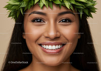 Close up portrait of smiling woman with green leaf crown