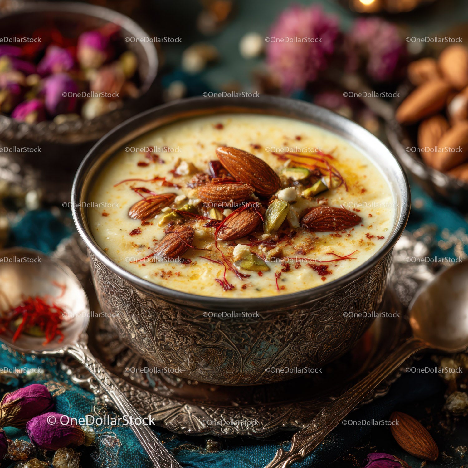Traditional Indian Saffron and Nut Dessert in Ornate Silver Bowl