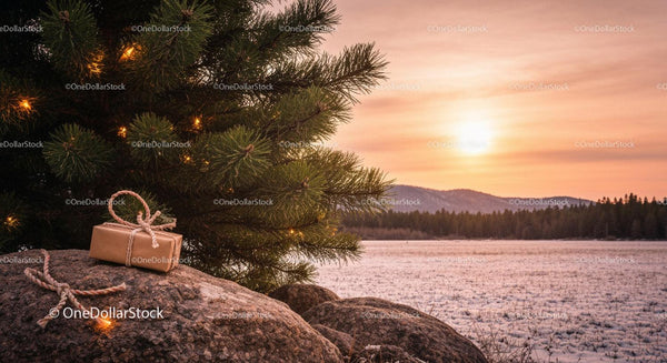Wrapped gift on rock near pine tree at sunset