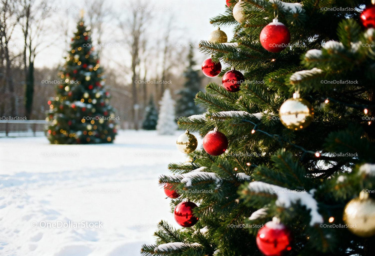 Decorated Christmas Tree with Snowy Winter Landscape