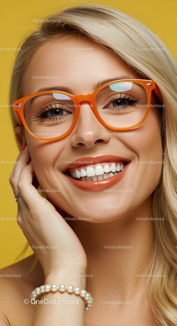 Smiling woman with orange glasses and pearl bracelet