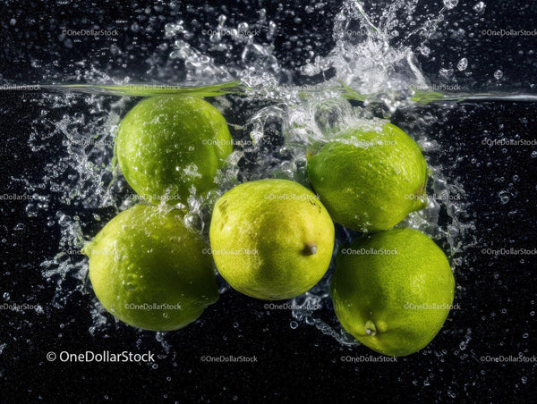 Fresh Green Limes Splashing Into Water in Motion