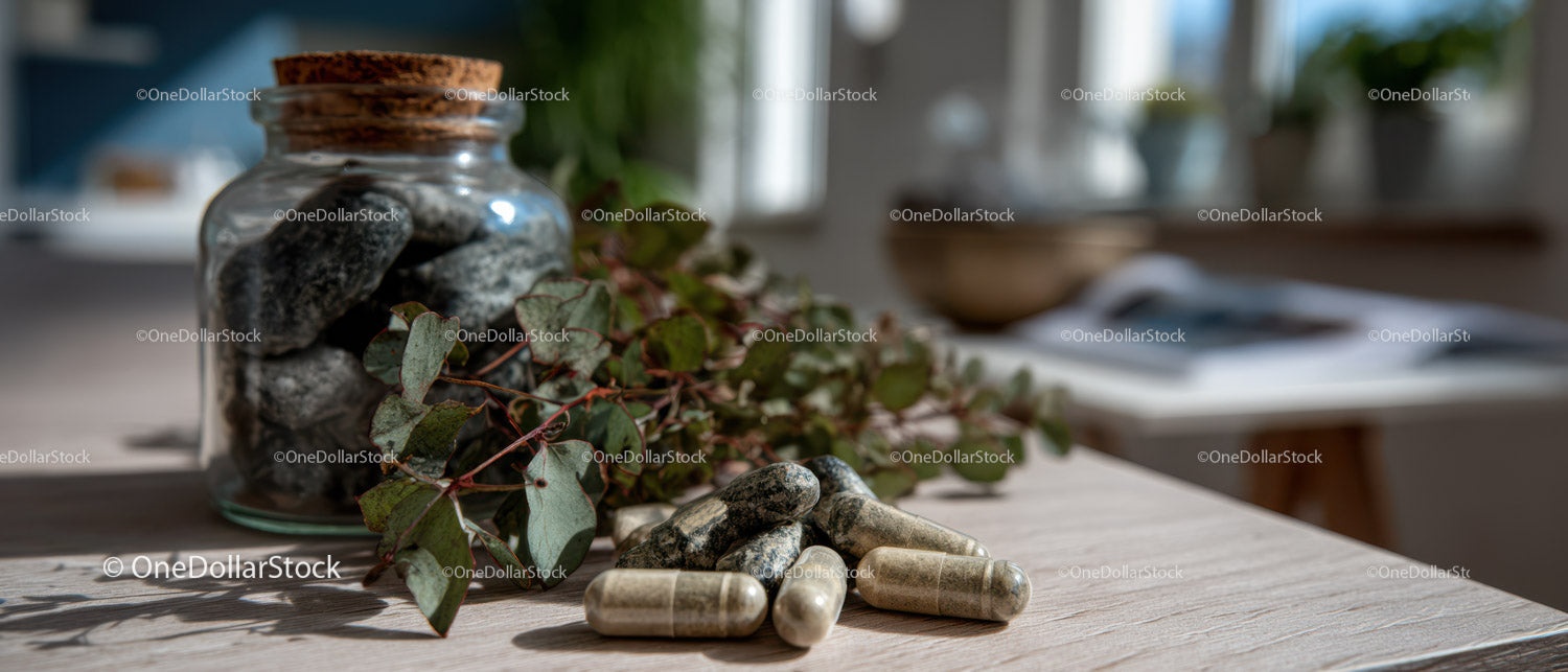 Suplementy ziołowe i kamienie naturalne na drewnianym stole