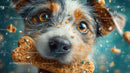 Close-up of a playful dog with cookies in water water splash