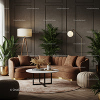 Cozy Living Room with Brown Leather Sofa and Green Plants