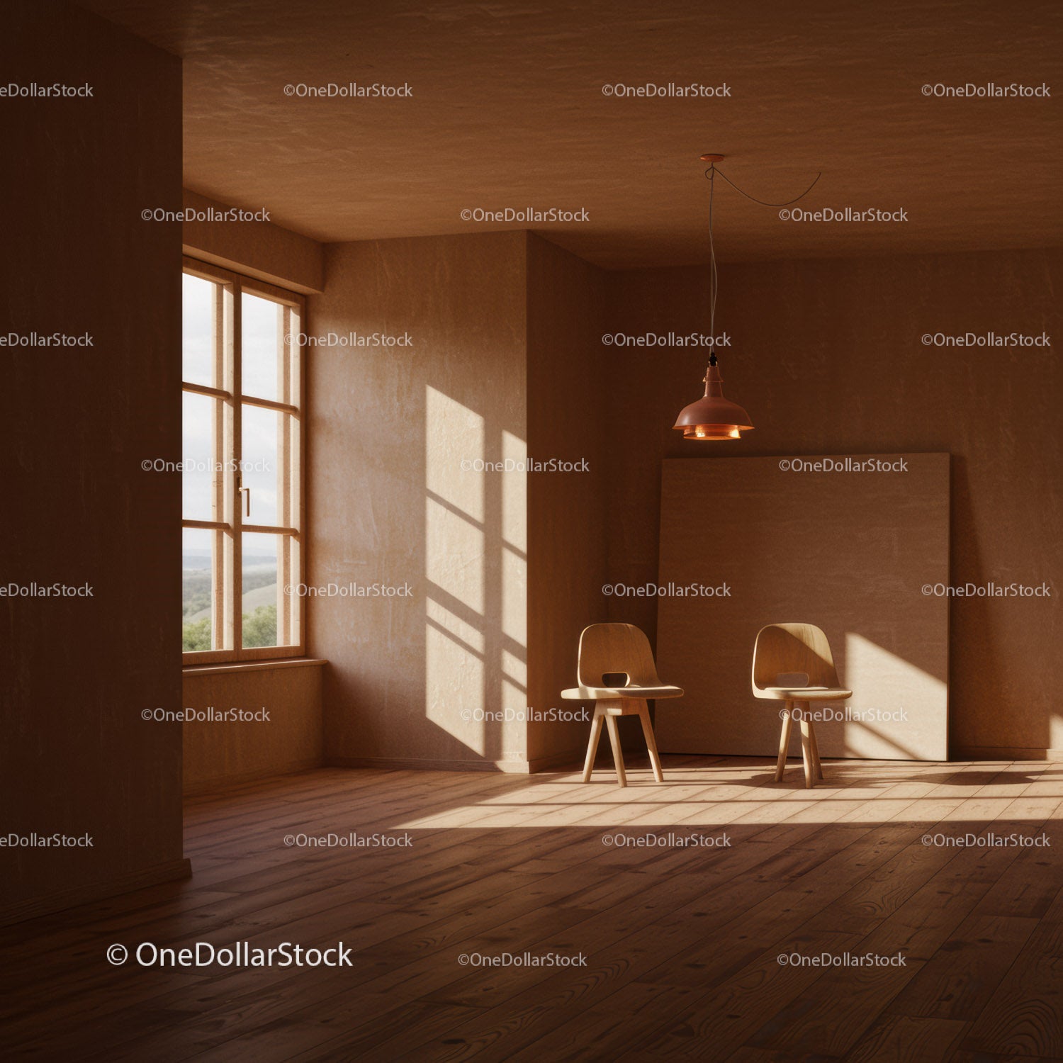 Bright Sunlit Minimalist Room with Wooden Chairs and Natural Light