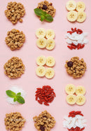 Assorted healthy granola clusters with fresh banana slices