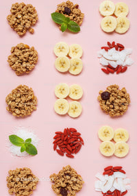 Assorted healthy granola clusters with fresh banana slices