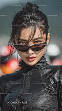 Confident Woman in Black Leather Outfit with Sunglasses