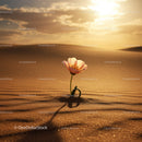 Single flower blooming in serene desert at sunset