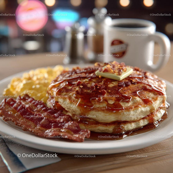 Sweet Pancakes with Bacon and Maple Syrup on a Breakfast Plate Stock Photo Bundle (17 JPG Files)