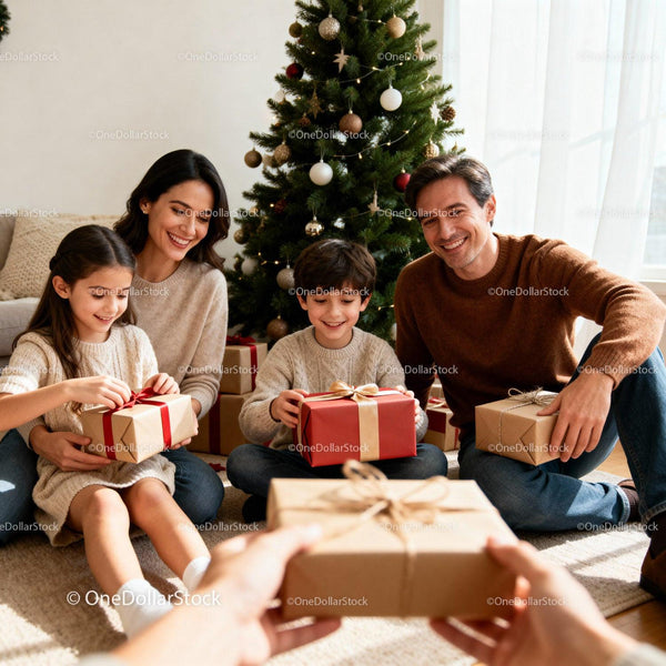 Family exchanging Christmas gifts by decorated tree