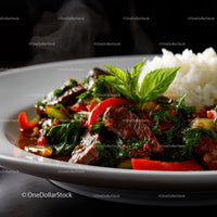 Beef Stir-Fry with Bell Peppers and Basil in a White Dish