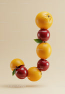 Floating arrangement of fresh oranges and red apples