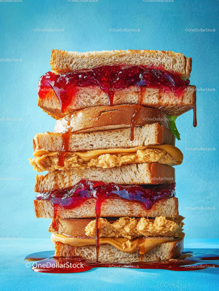 Stacked Sandwich with Nut Butter Chicken and Jam on Blue Background