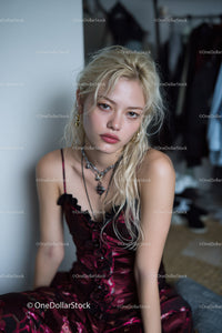 Fashionable Blonde Woman Wearing Velvet Dress Jewelry Accessories