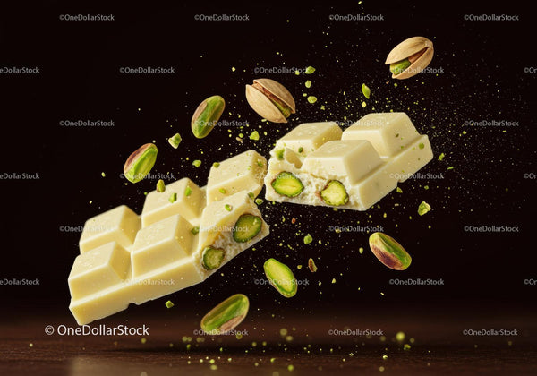 White chocolate bar with pistachios in midair
