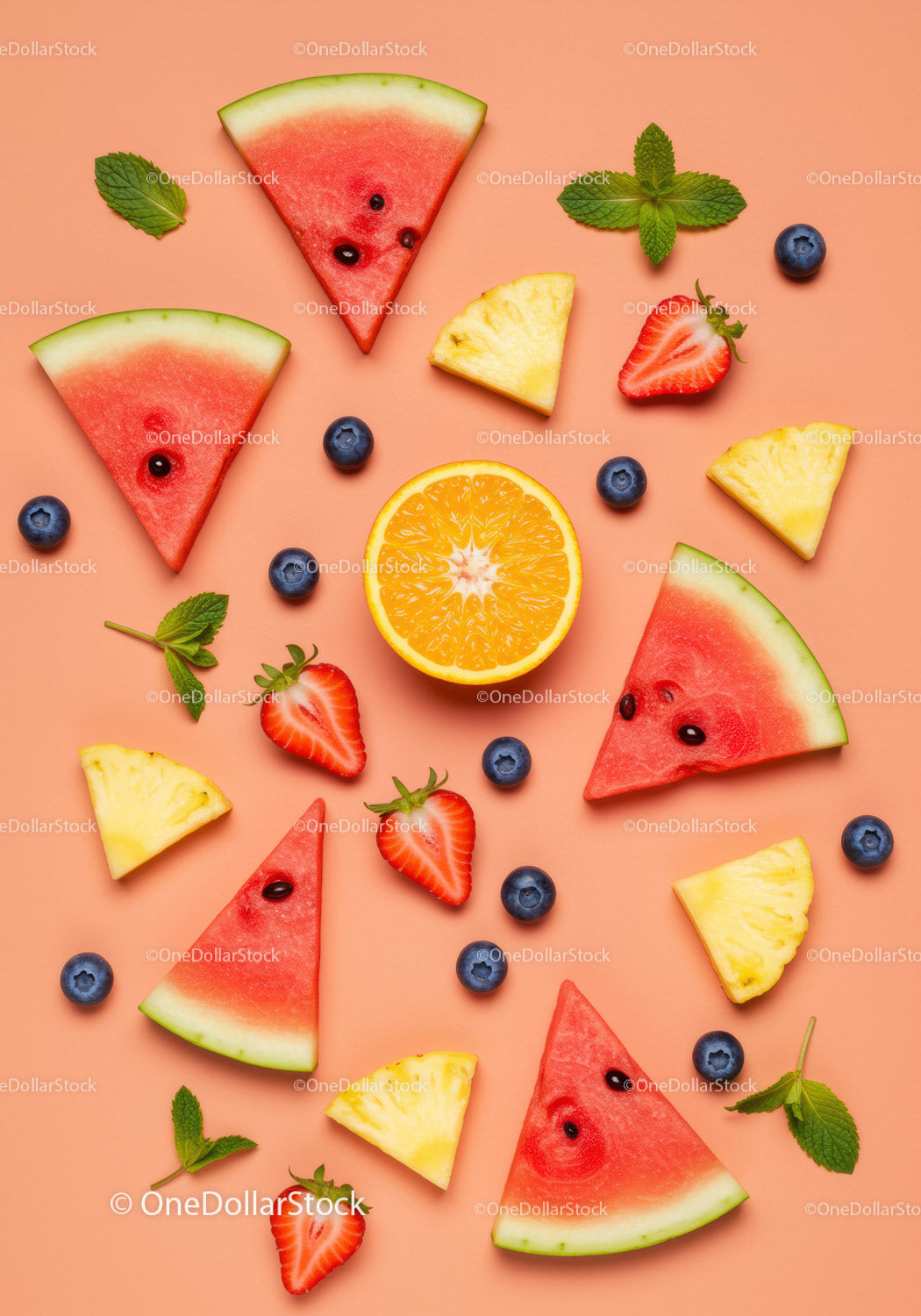 Fresh Summer Fruit Slices on Peach Background