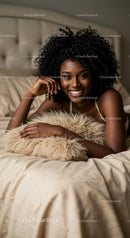 Joyful woman relaxing on bed with soft cushion
