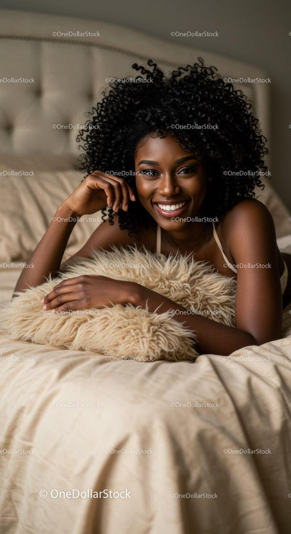 Joyful woman relaxing on bed with soft cushion