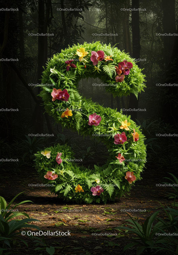 Lush Green Letter S Decorated with Tropical Flowers