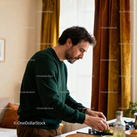Man carefully preparing meal in warm kitchen interior