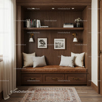 Wood Panelled Built-in Bench with Cushions and Wall Art in Cozy Nook