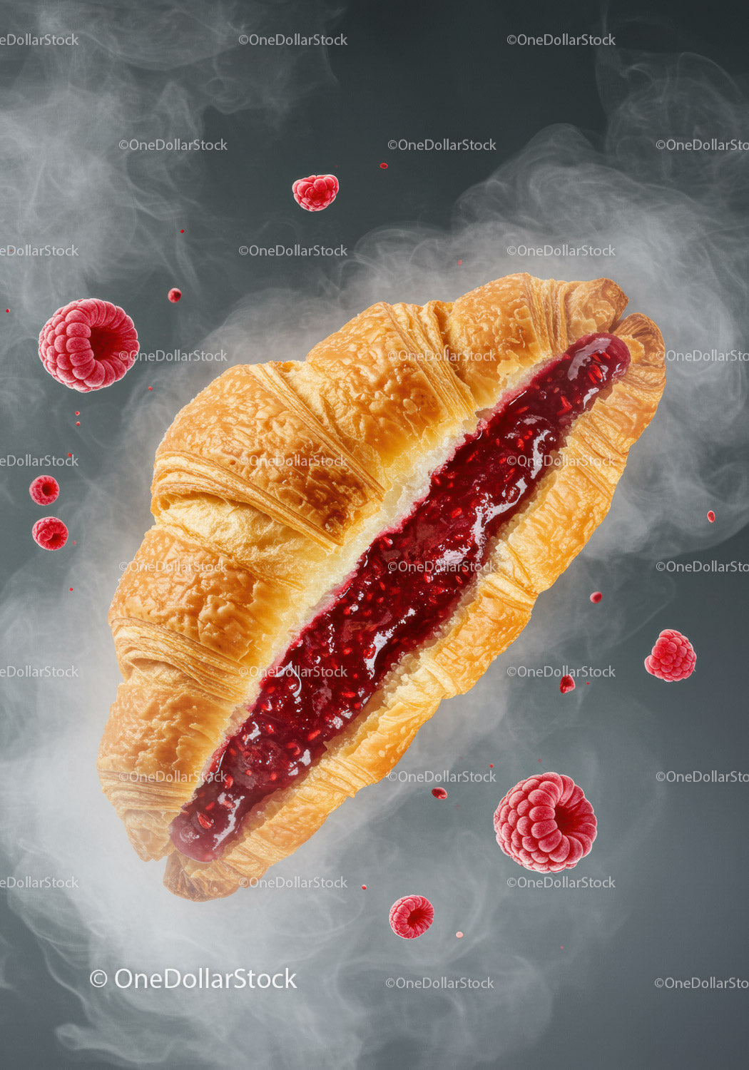 Fresh Raspberry Jam Filled Croissant Surrounded by Smoke
