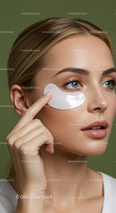 Woman Applying Eye Mask for Skincare Facial Treatment in Green Background