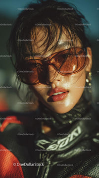 Confident Female Rider in Sunglasses with Motorcycle Gear