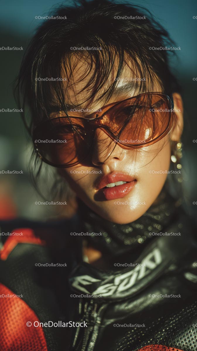 Confident Female Rider in Sunglasses with Motorcycle Gear