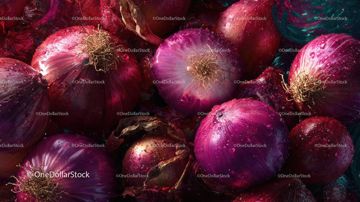 Close-up of Vibrant Red Onions with Water Droplets for Food Photography (32 Images)