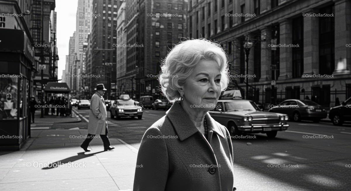 Elderly Woman in Busy City Street Surrounded by Vintage Cars