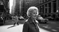Elderly Woman in Busy City Street Surrounded by Vintage Cars