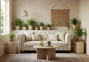 Cozy living room with beige sofa and lush green plants