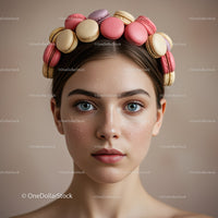 Young woman with macarons crown and clear blue eyes