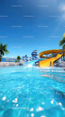 Bright Water Slides and Tropical Palm Trees at Water Park