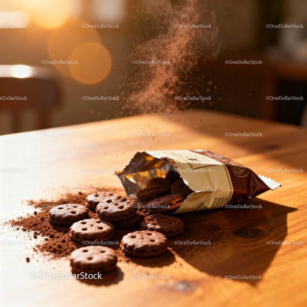 Chocolate Cream Cookies Spilling from Pack on Wooden Table