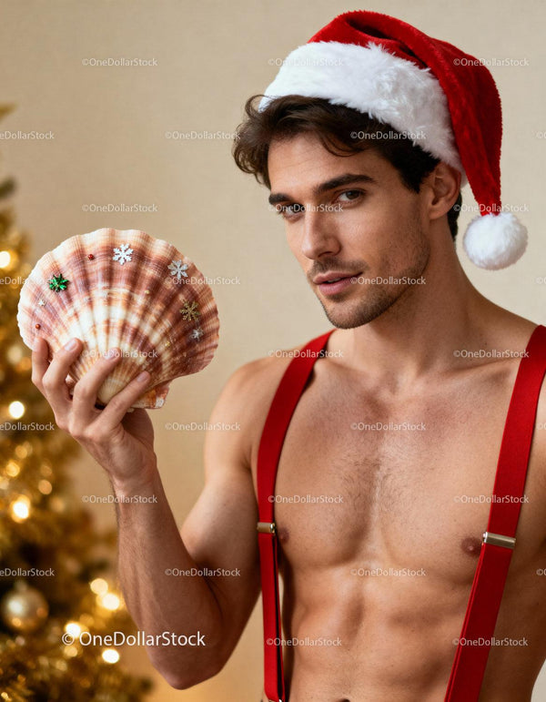 Young man in Santa hat holding decorated shell