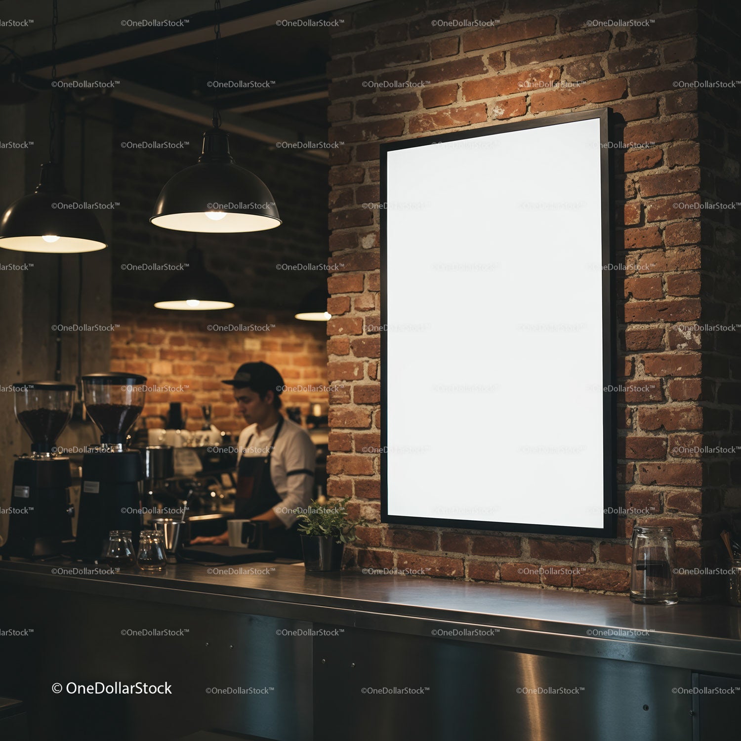 Barista working behind counter in cozy brick coffee shop