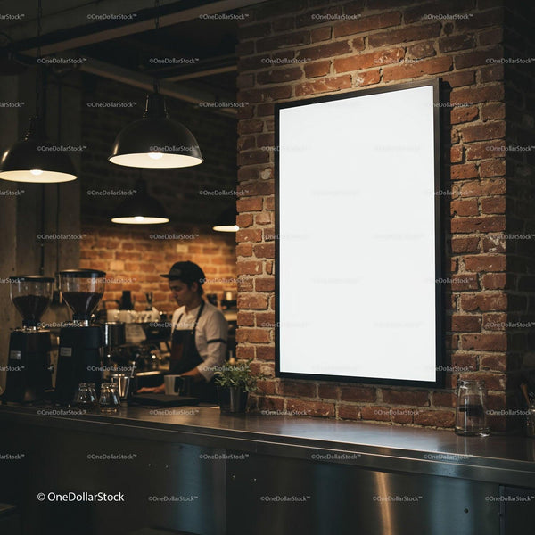 Barista working behind counter in cozy brick coffee shop JPG Mockup Image